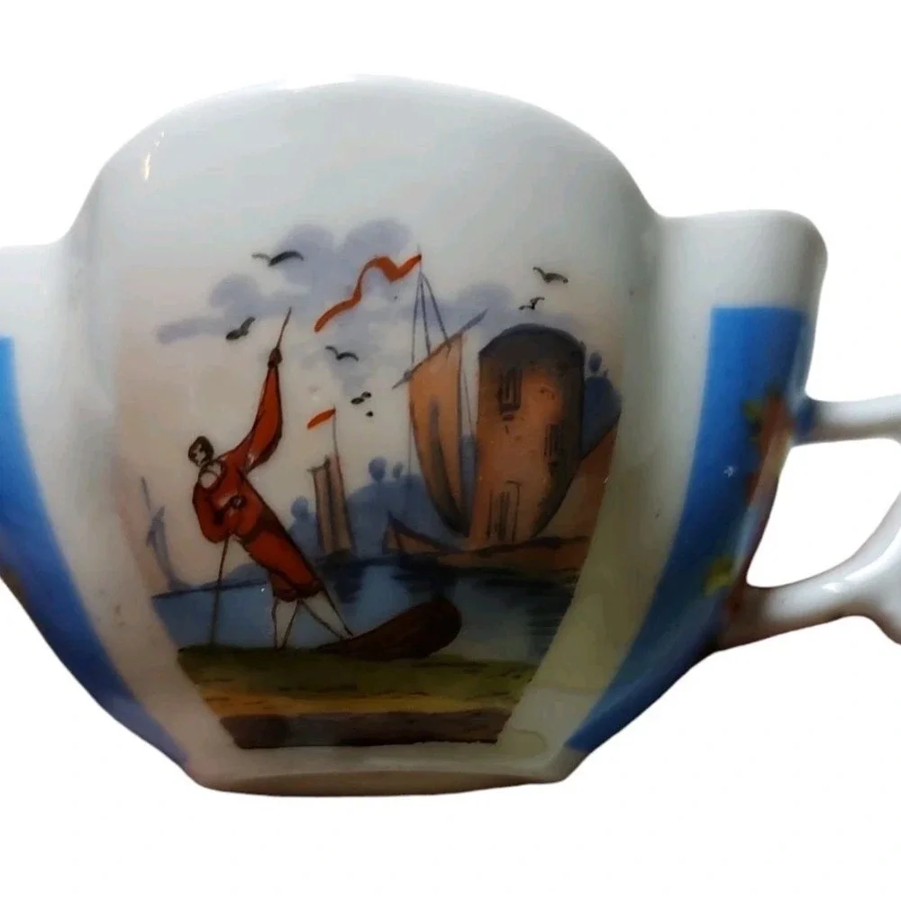Antique Dresden Demitasse Cup Hand Painted Blue Water Scene‎ Floral Quarterfoil